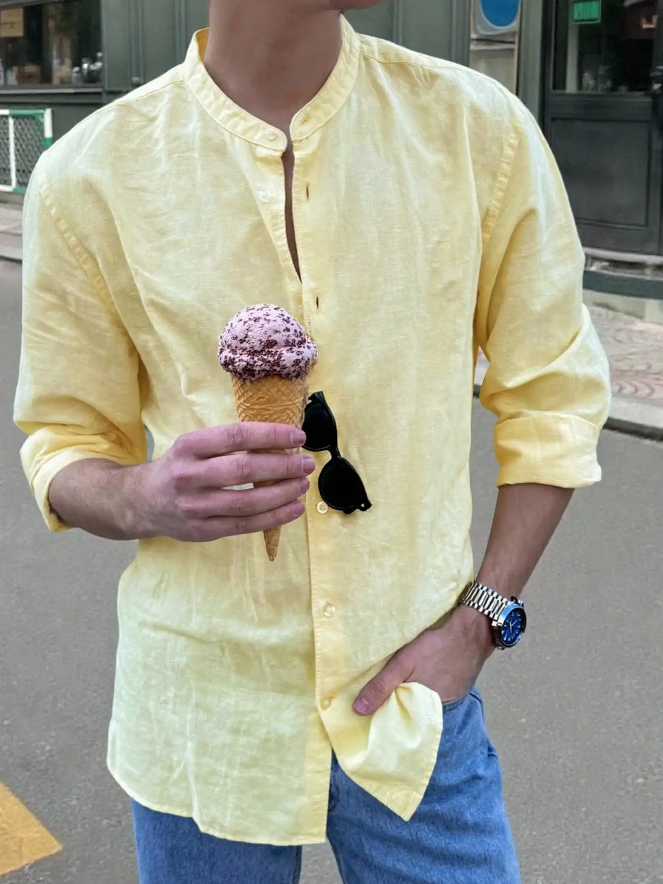 

Men's Light Yellow Linen Blend Drop Shoulder Casual Shirt, Summer Fall