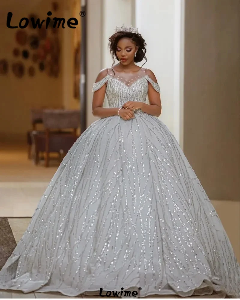 Sparkly Sequins Puffy Wedding Dress Cap Sleeves A Line African Long Wedding Bride Dresses Beads Crystal Bridal Gowns 2024 Custom