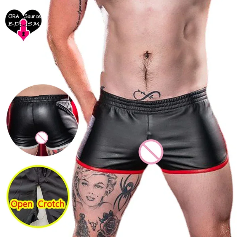 Man Open Crotch Leather Sexy Shorts Gay Crotchless Mini Pants Faux PU Outdoor Sex Sport Run Panties Fitness Beach Swimwear