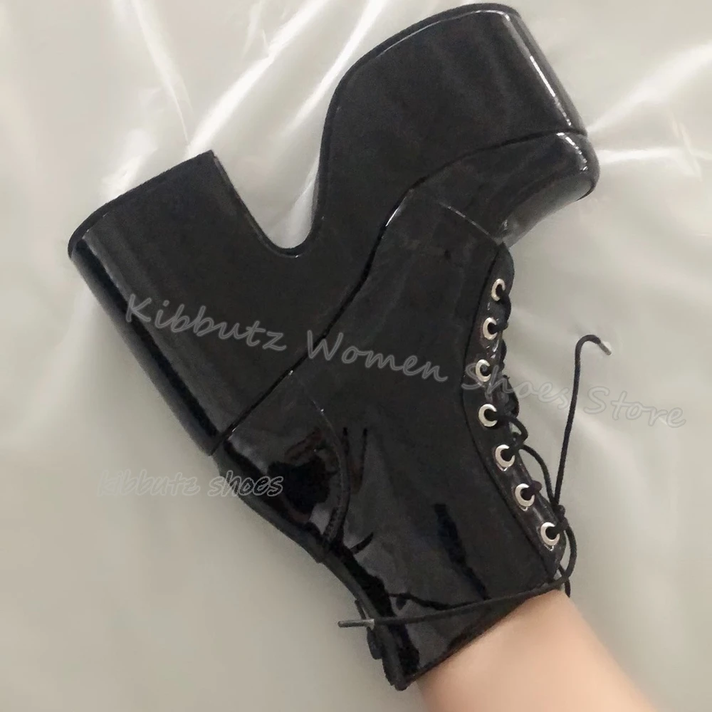 Platform Ankle Boots Lace-Up Patent Leather Solid Color Round Toe Chunky Heels Fashion Novelty Sexy Concise Elegant Women Shoes