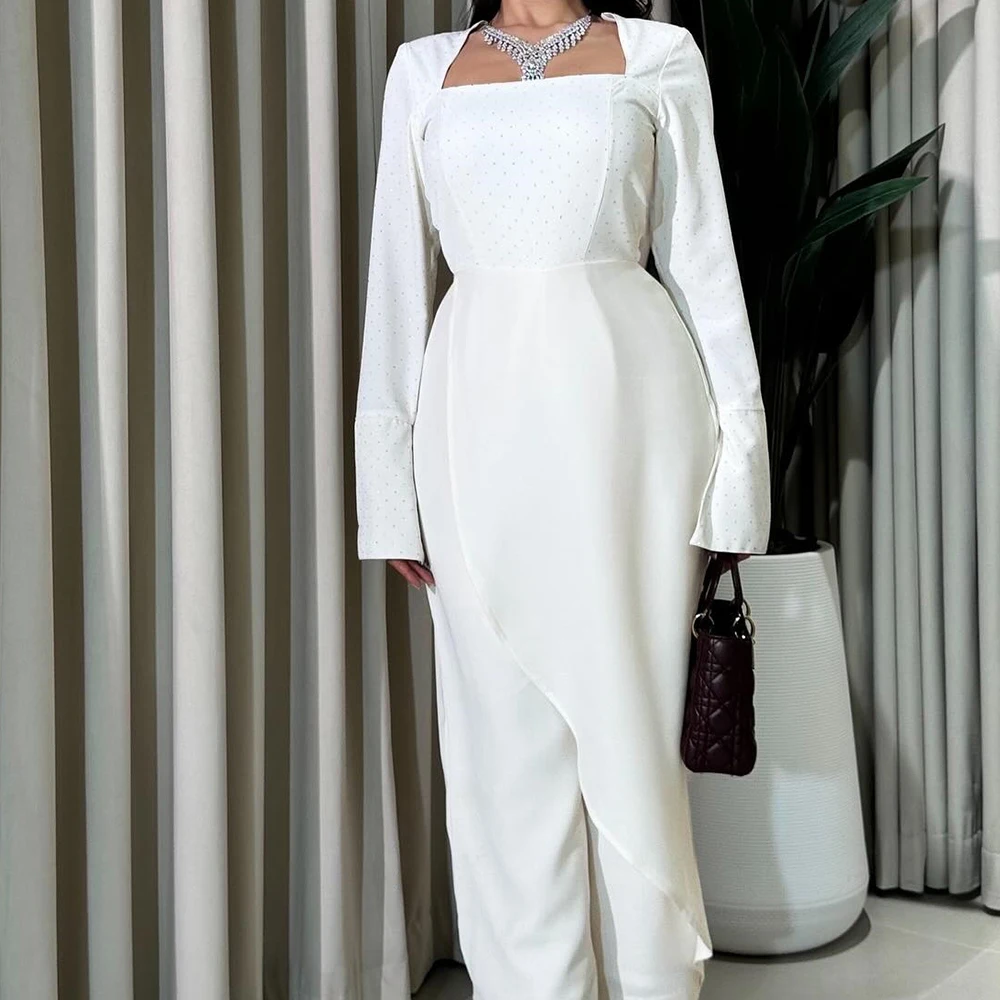 

Customized Jersey Straight Evening Dress Square Neck Long Sleeves Floor Length White High Quality Bespoke Occasion Gowns