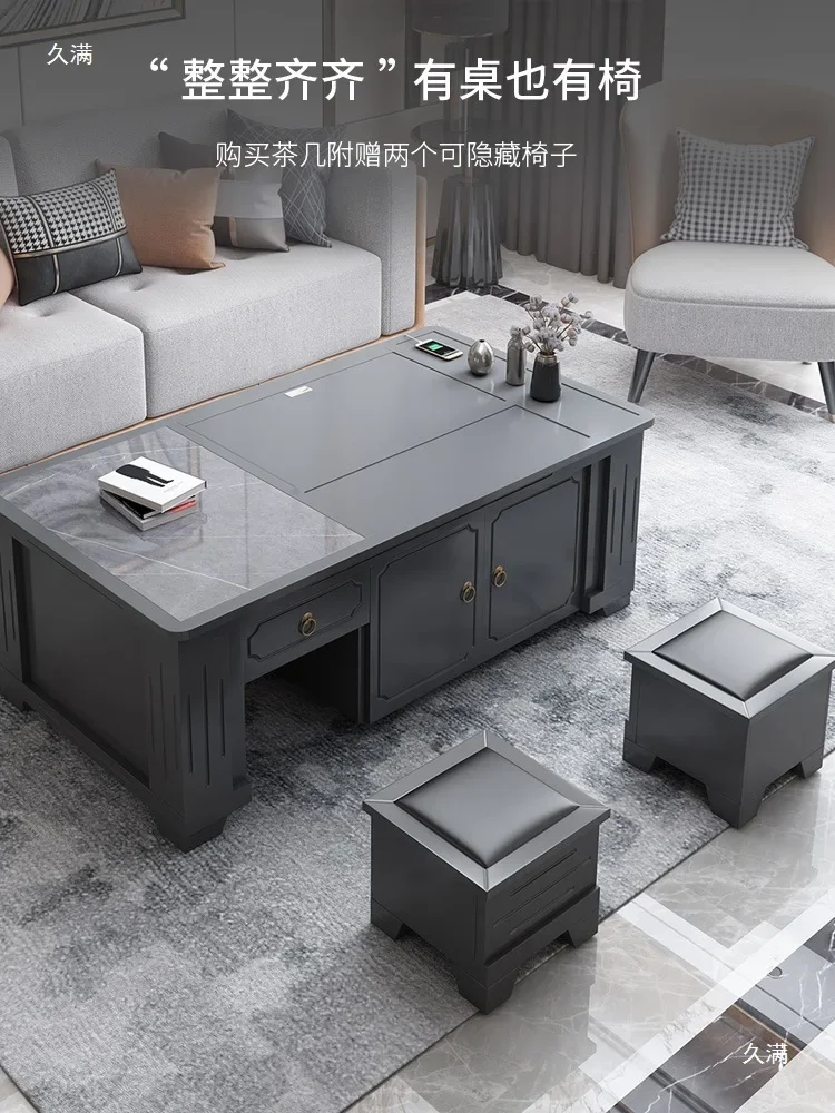 Household Kung Fu tea table Automatic lifting rock slab   Kettle integrated tea tray Solid wood multi-functional