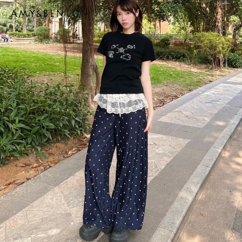 

Original Design Navy Blue Loose Straight Casual Versatile Women's Wide-Leg Pants Summer New Animal Paw Print Tie Trousers Ladies