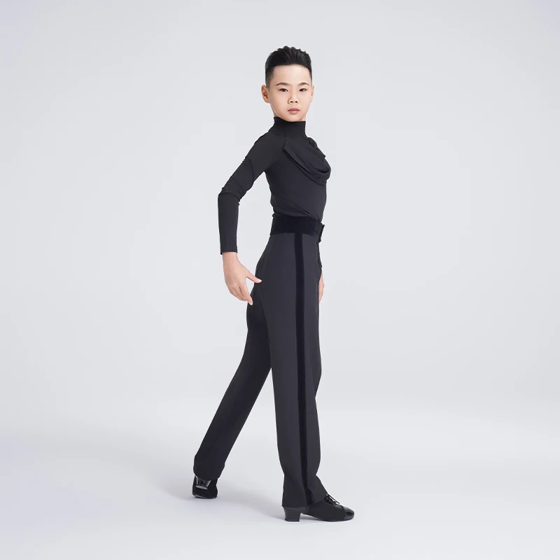 영국 라틴 댄스 드레스 남성용 블랙 하이넥 긴팔 탑 디자인 에디션 공연 훈련복