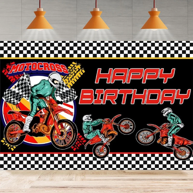 Photography Background Motocross Happy Birthday Boy Racing Car Tire Track Dirt Bike Black And White Party Backdrop Wall Banner