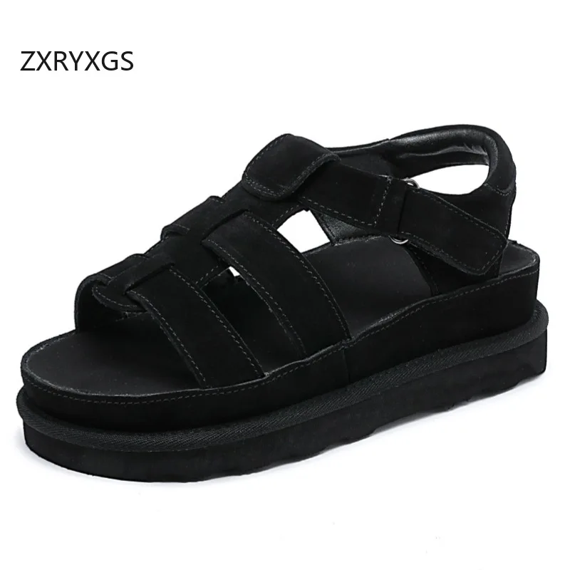 

ZXRYXGS Frosted Cowhide Women Real Leather Sandals 2025 New Summer Versatile Comfortable Platform Elevator Sandals Beach Shoes