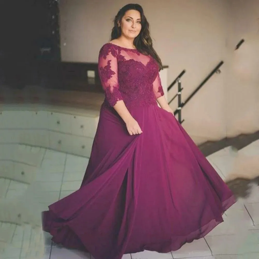 

Plus Size Women Chiffon Mother Of The Bride Dresses A line Dubai Arabic Lace Applique Half Sleeve Party Formal Evening Gowns