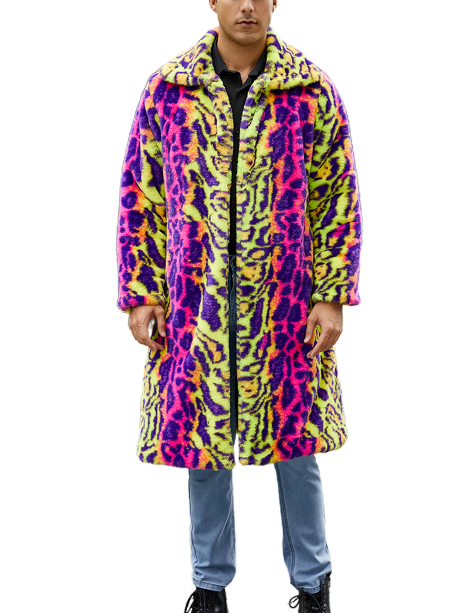 

Men s Faux Fur Coat Contrast Animal Print Lapel Neck Open Front Long Sleeve Long Jacket Winter Warm Outwear