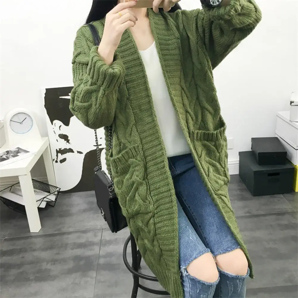 Basic Style Knit Cardigan Stylish Women's Knitting Cardigan with Pockets Long Sleeve Ribbed Trim Open Front Sweater for Fall