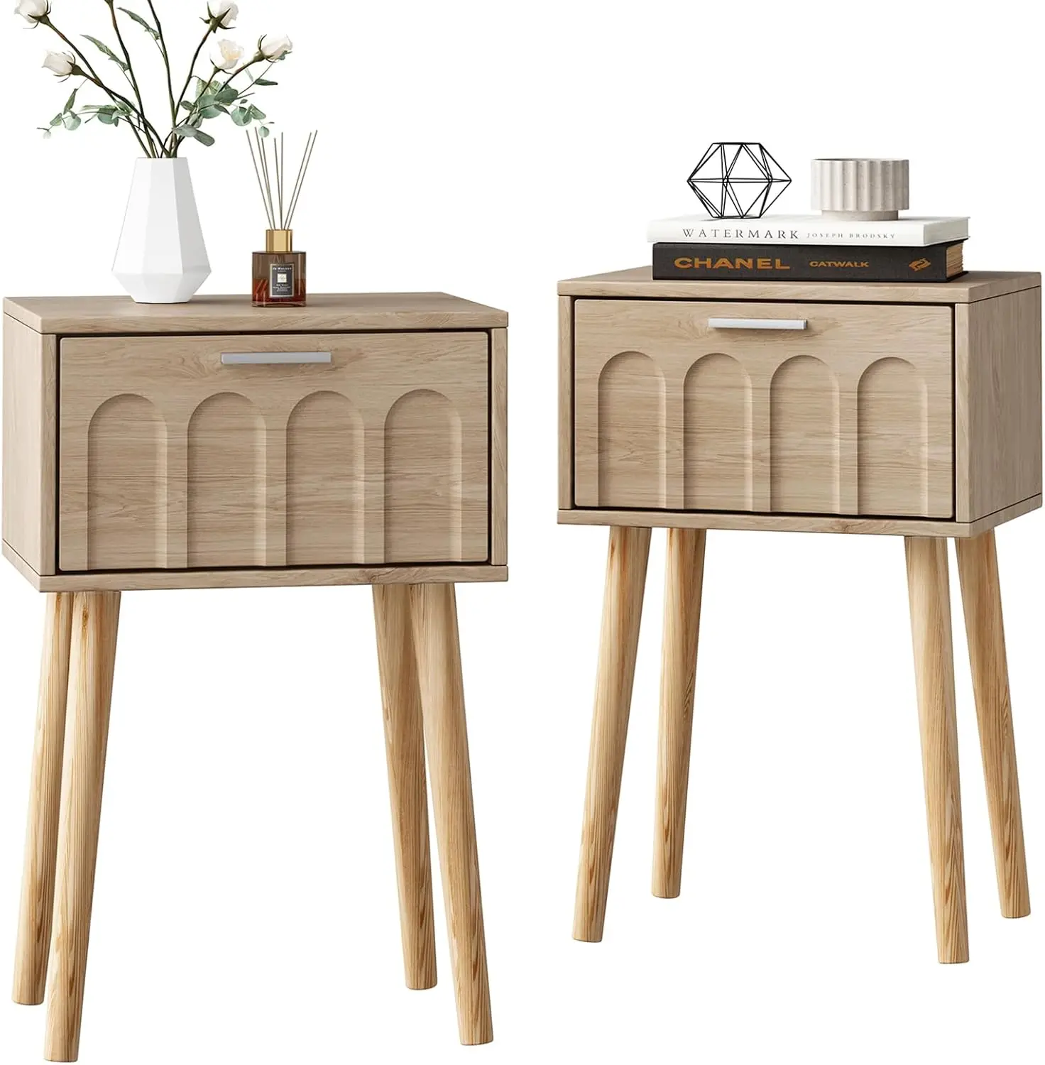 

Nightstand Set of 2, Mid-Century Bed Side Table with Arch Door, Wood Legs, Natural Finish