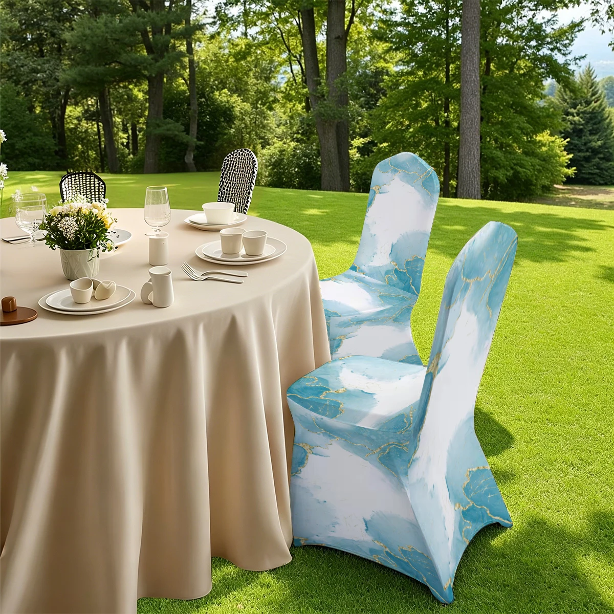 2D Elastic Full - Coverage Chair Cover, Blue Marble Gold Vein Print, Universal for Hotel/Home/Outdoor. Slip