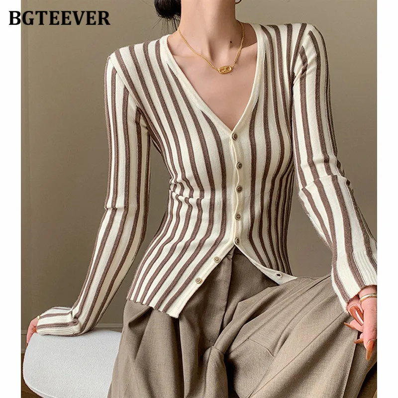 

BGTEEVER Autumn Winter V-neck Long Sleeve Women Striped Knitted Cardigan Tops Stylish Slim Ladies Single-breasted Sweaters