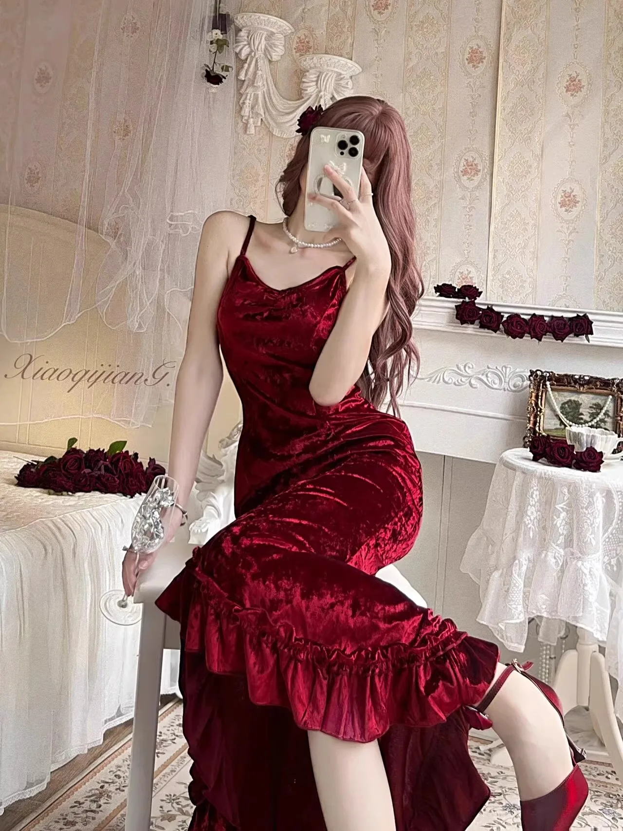 Wine Red Fishtail Dress Elegant Women Bag Hip