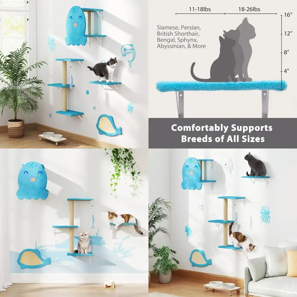Juego de árbol para gatos de 4 piezas montado en la pared: casa para mascotas de madera resistente, tablero para rascar, plataformas, postes de sisal, dije de pez azul, ideal para