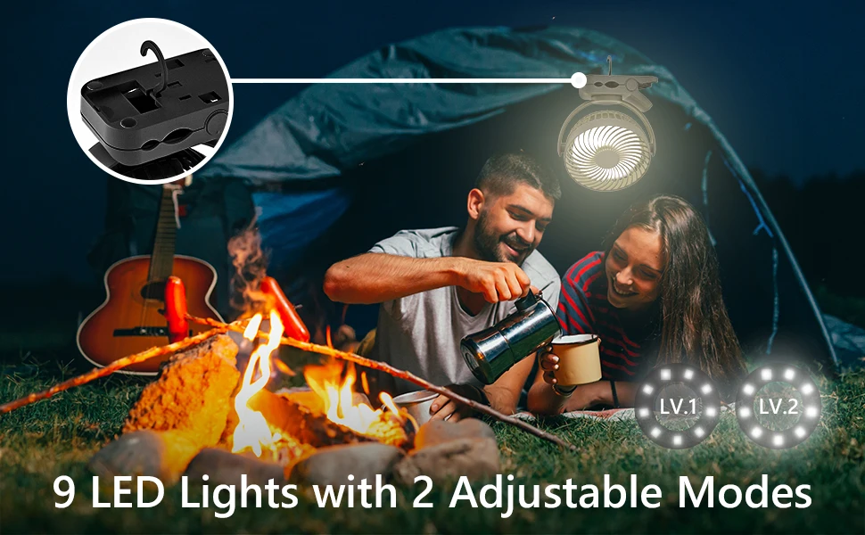 10000mAh Portable Camping Fan with LED Lantern&Hanging Hook-65H Rechargeable Battery Operated Fan with Hanging Hook for Tent Car