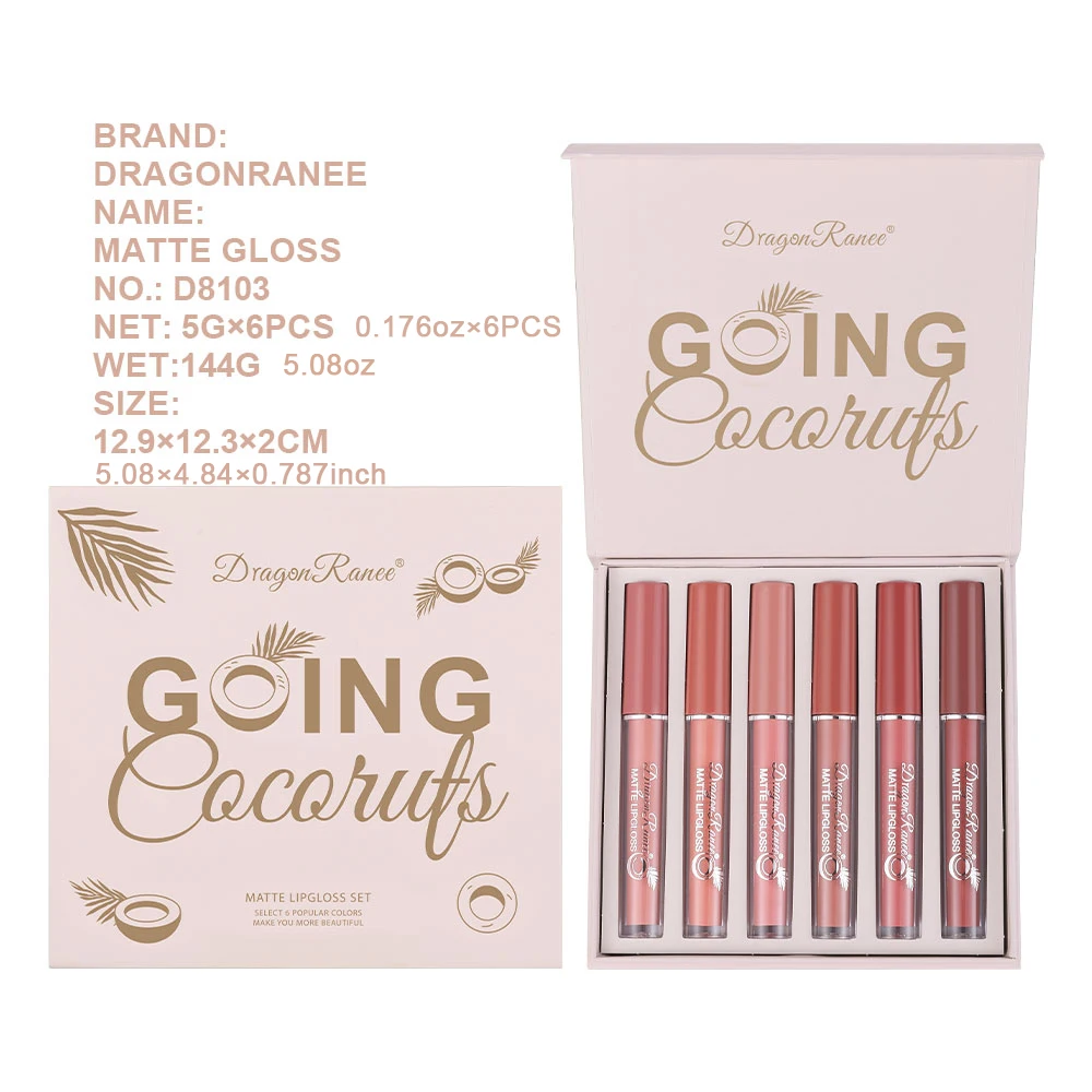 Zestaw sześciu błyszczyków do ust, matowy błyszczyk do ust, wodoodporny, nieblaknący, nieprzywierający błyszczyk do ust, szminka, zestaw błyszczyków do ust na prezent świąteczny