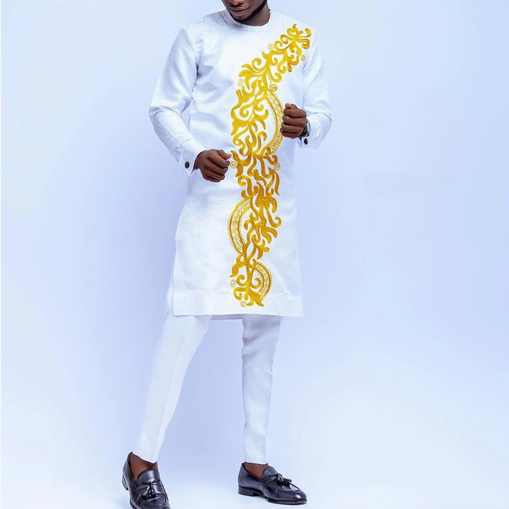 Kaunda-Ensemble Haut et Pantalon Brodés à Manches sulfpour Homme, Kaftan Blanc Trempé, Tenues de Mariage de Style Africain, Vêtements, 2024