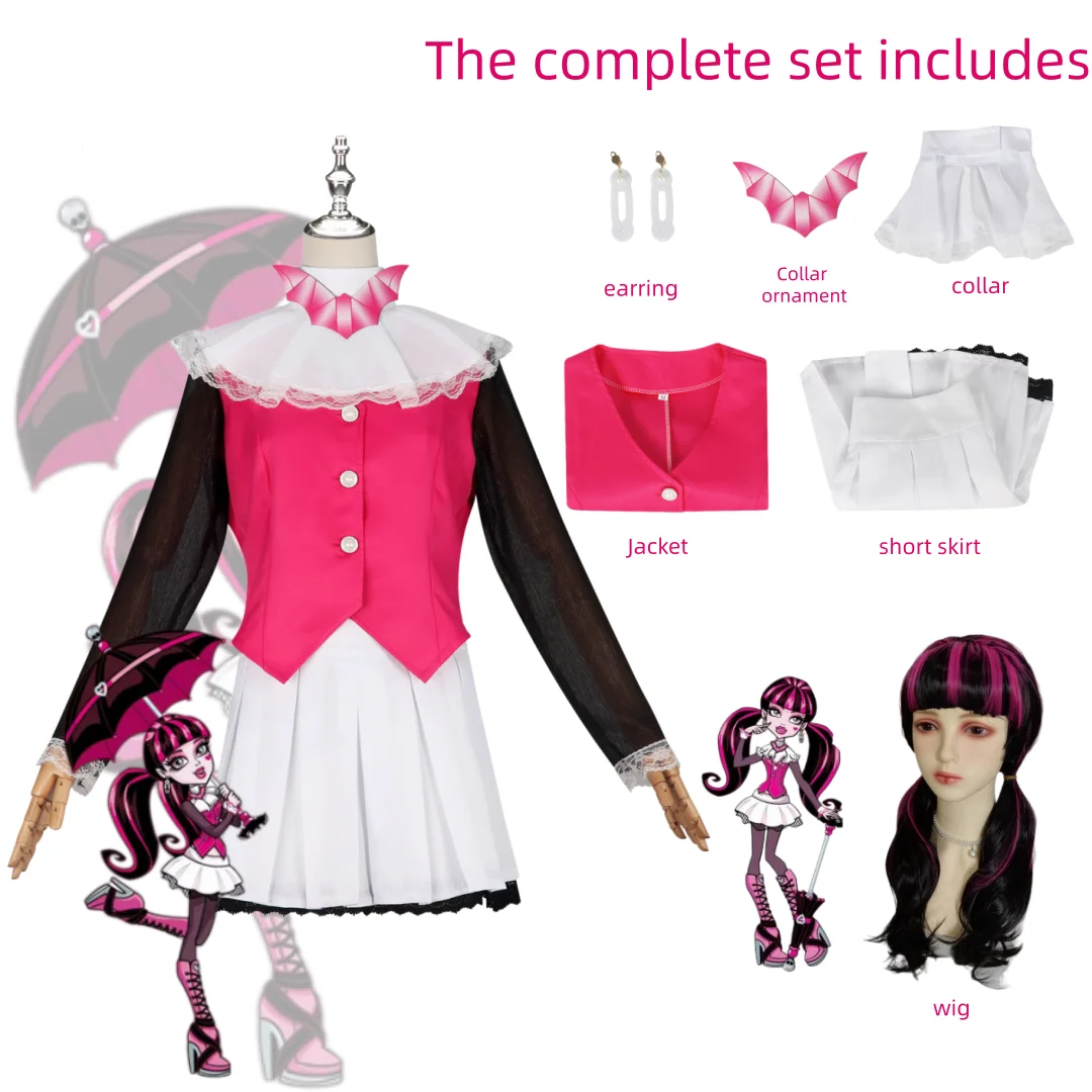 Conjunto de Disfraz de Cosplay de Vampiresa Gótica para Mujer, Uniforme con Chaleco Rosa y Falda Plisada Blanca, Traje de Manga Larga con Cuello de Murciélago y Peluca, Halloween