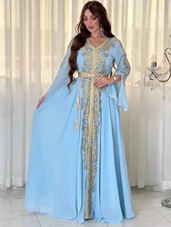 Eid al-Adha Arabian Dubai Embroidery Applique Dress Muslim Party Dinner Robe Abaya Elegant Evening Dress Long Sleeves Party Gown