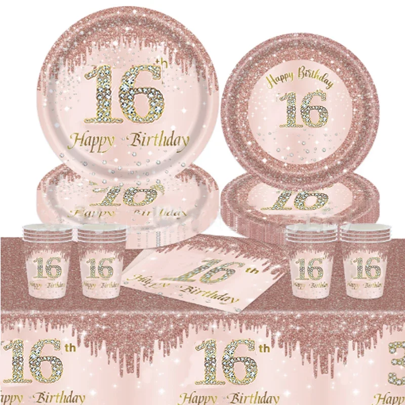 

8Guests Rose Gold Diamond 16th Disposable Tableware Pink 16 Year Old Plate Napkin Princess Happy Girl 16th Birthday Party Favor