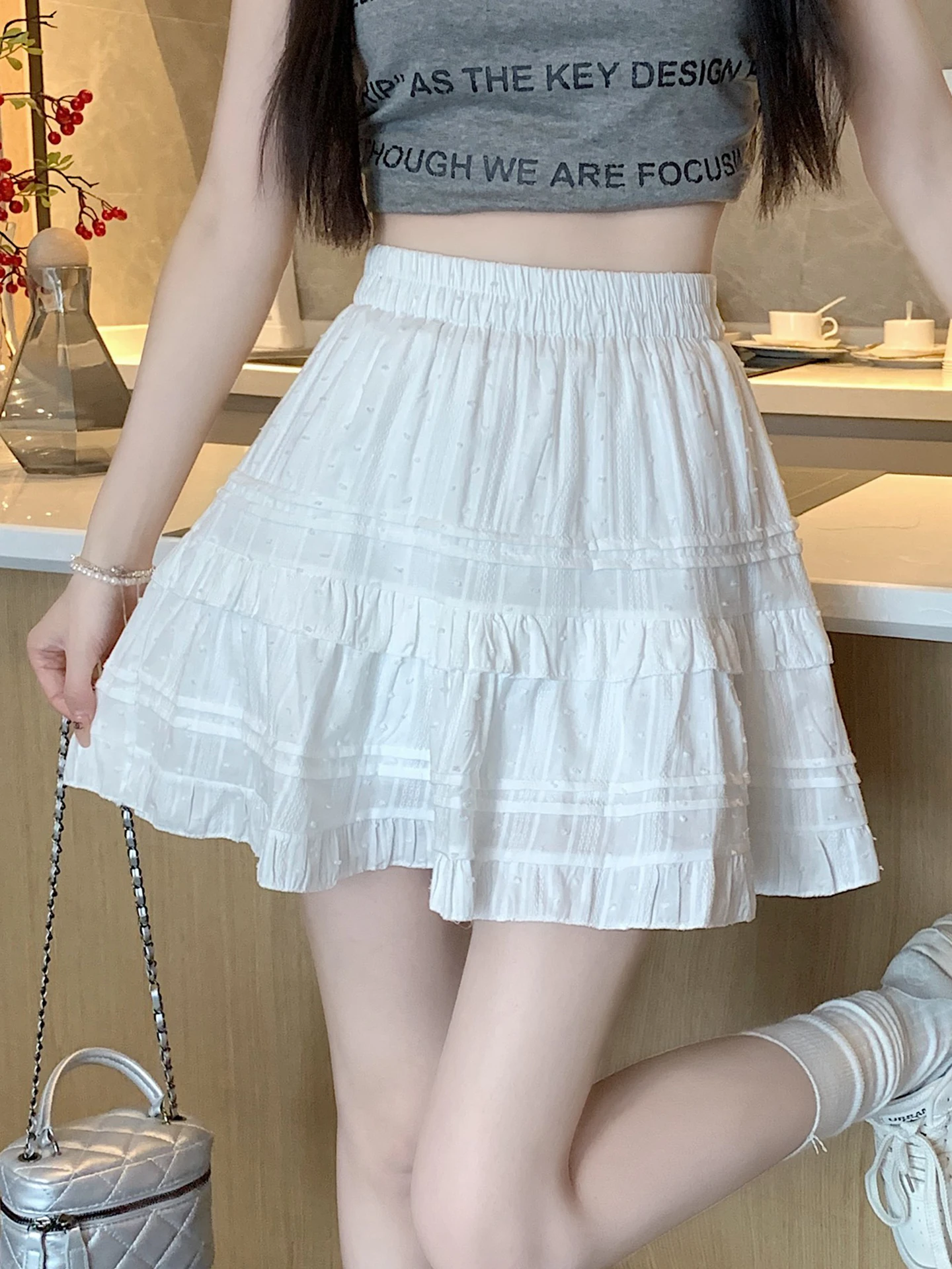 

Sweet Youthful White Ruffle f Skirt Women's A-Line Skirt High Waist Slimming Cake Sle Commute Korean Version Casual