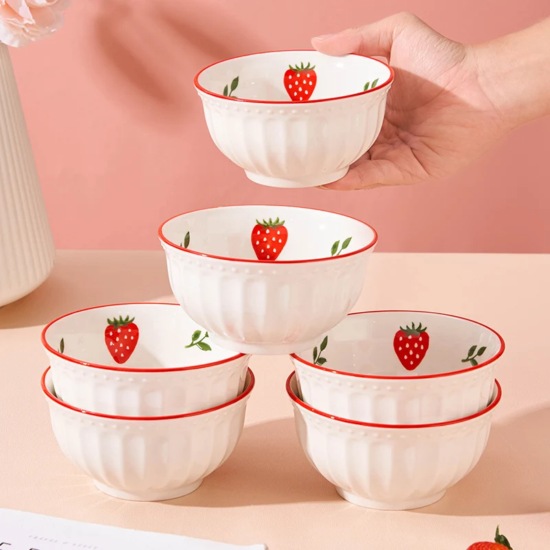 

2/6pcs 4.5in Ceramic Bowl Set with Cute Strawberry Pattern Design, Reusable Rice Bowl, Breakfast Bowl and Oat Bowl,