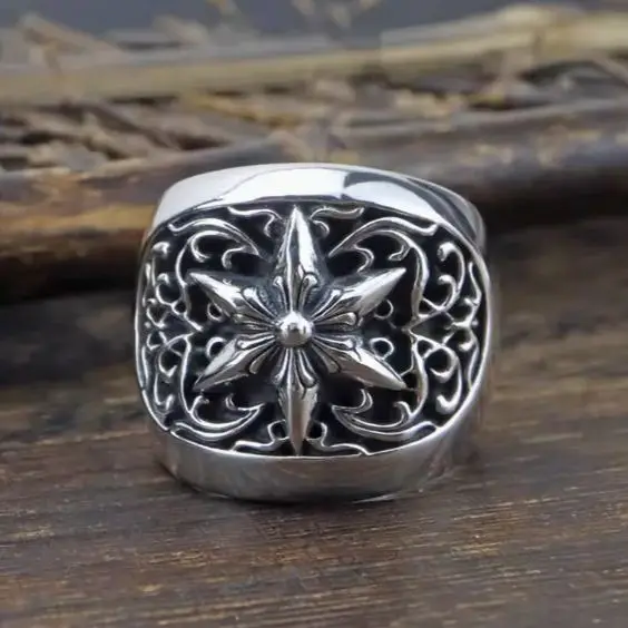

Punk style Vine Hexagram Star Ring for Men, 925 sterling silver domineering retro European and American wide edition ring