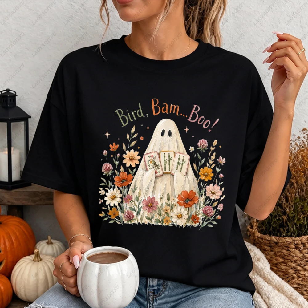 Bird Bam Boo Halloween Ghost Mahjong Graphic Women Casual Short Sleeve Cotton T-Shirt Floral Wildflower Funny Game Lover Tops