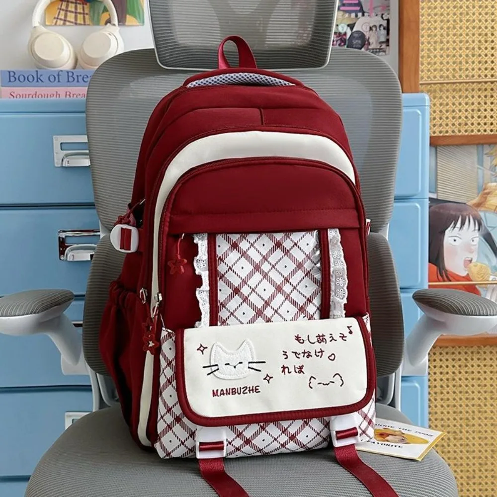Lace Trim Girls School Backpack Checkered Cat Pattern Teen Girls Backpack Lightweight Multi-Pocket Multi-Pocket Bookbag