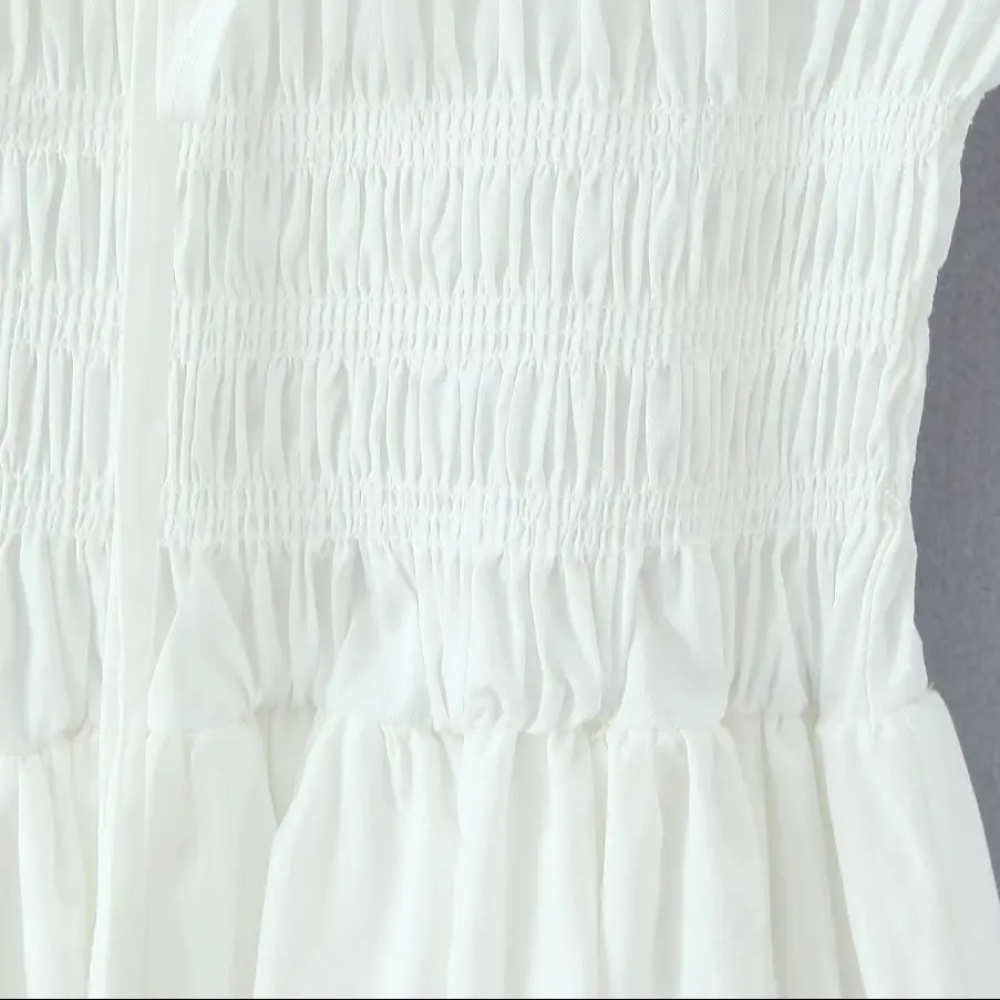 BOHO Houten oren Ruches Borst Boog U kraag Bladerdeeg Mouw Jurk Elastische Hoge Taille Geplooide Swing Midi Lange Jurken Vakantie Vestidos