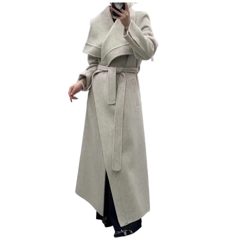 

Осенне-зимнее новое двустороннее шерстяное пальто премиум-класса с узором по краям, свободное длинное шерстяное пальто на шнуровке, женская одежда