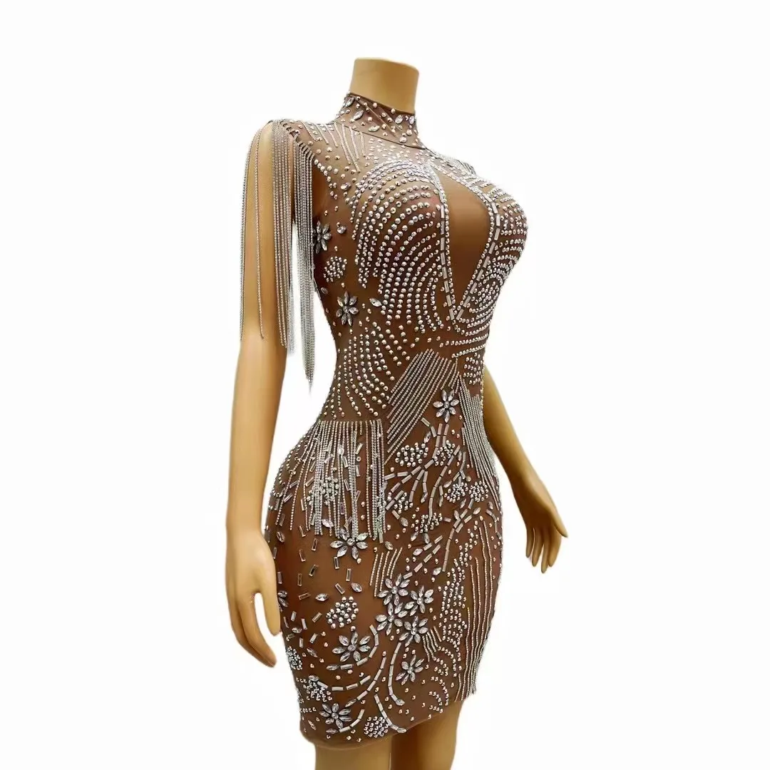 Silver Crystals Fringes Transparent Mesh Rhinestones Dress Birthday Celebrate Chains Outfit Evening Sexy Costume jinghua