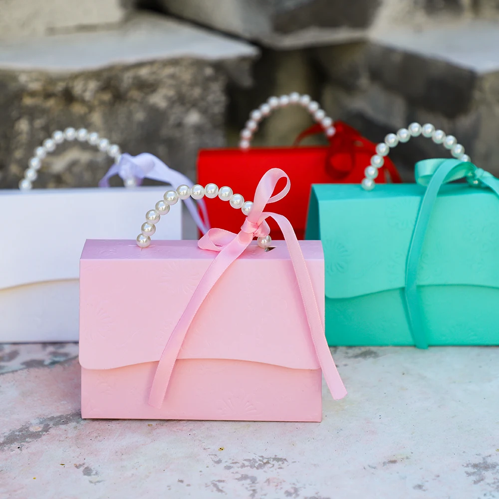 5Pcs Sweet Pearl Hand Bag Chocolate Candy Boxes with Ribbon for Baby Shower Wedding Birthday Party Favors Box Gift Packaging Bag