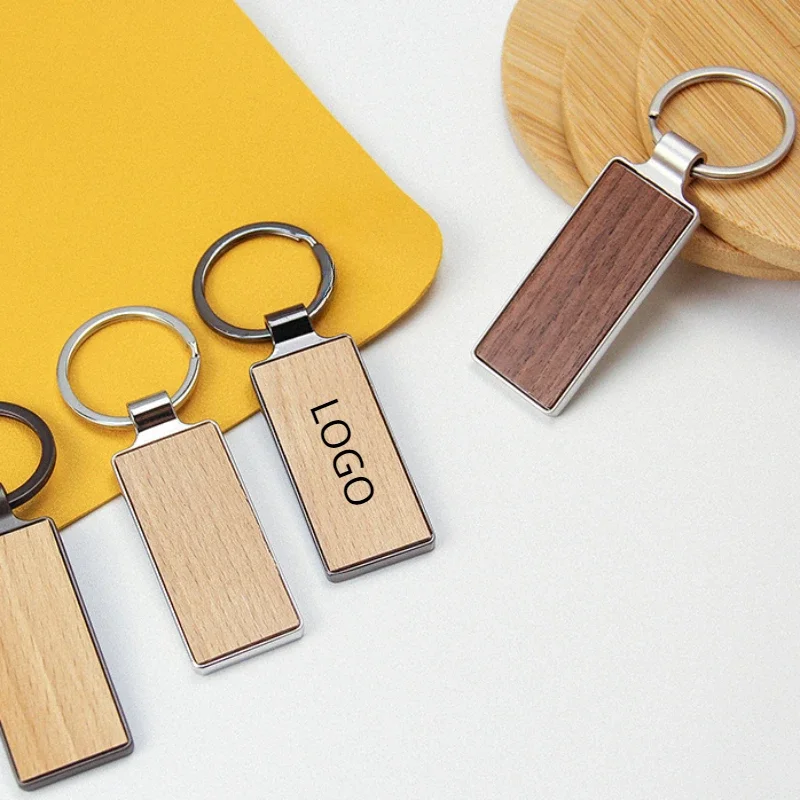 Customized Bamboo Wooden Metal Keychain Blank Walnut Wood Engraved Car Key Chain Personalized DIY Logo Keyring Gift For Firend