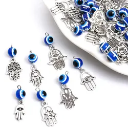 10pcs Hamsa Hand&Blue Evil Eye Charms Turkish Evil Nazar Eye Pendants For DIY Amulet Necklace Lucky Ornaments Making Accessories