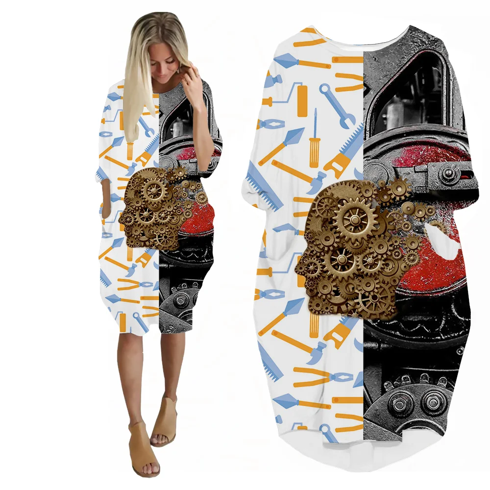 SONSPEE Mechanical Gear Harajuku 3D Printed  Dress Long Sleeve Machine Tool Pockets Skirt Female Casual Robe Dresses for Women