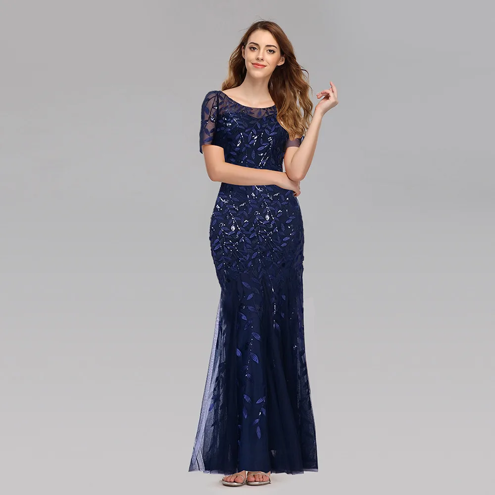 LZPOVE-Vestido largo de manga corta para mujer, traje ajustado de talla grande para fiesta, elegante vestido de noche con lentejuelas de malla, cola de pez, 2023