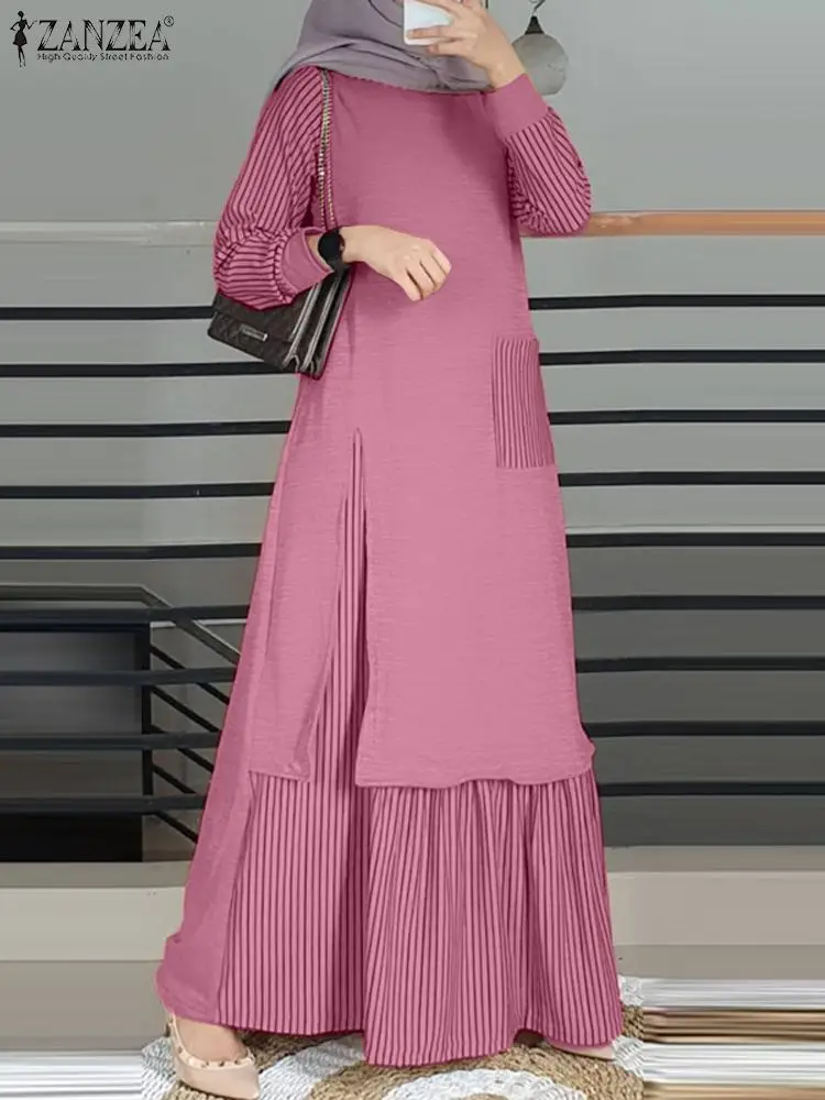 

ZANZEA Women Muslim Maxi Dress Vintage Long Sleeve Striped Patchwork Sundress Turkey Abaya Hijab Dress Islamic Clothing Ramadan