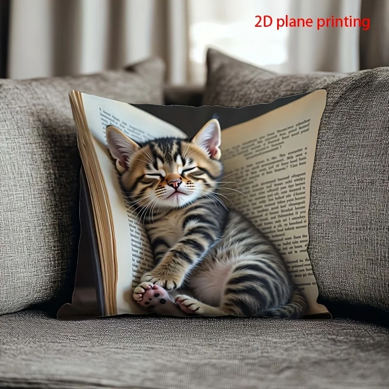 1pc Tabby Cat Sleeping In Book Cute Printed Throw Pillow Cover,Suitable for Sofa,Bedroom,Living Room,Healing Gift for Cat Lovers