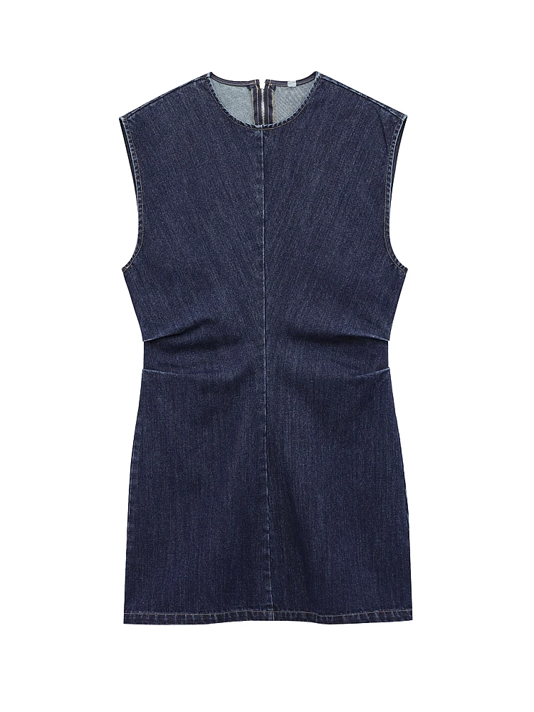 

OUROPEAN ZTATION 2025 Summer Woman Trendy Denim Dresses Mini Skirt Commuting Female O-Collar Sleeveless Dress Ruffles zipper Top