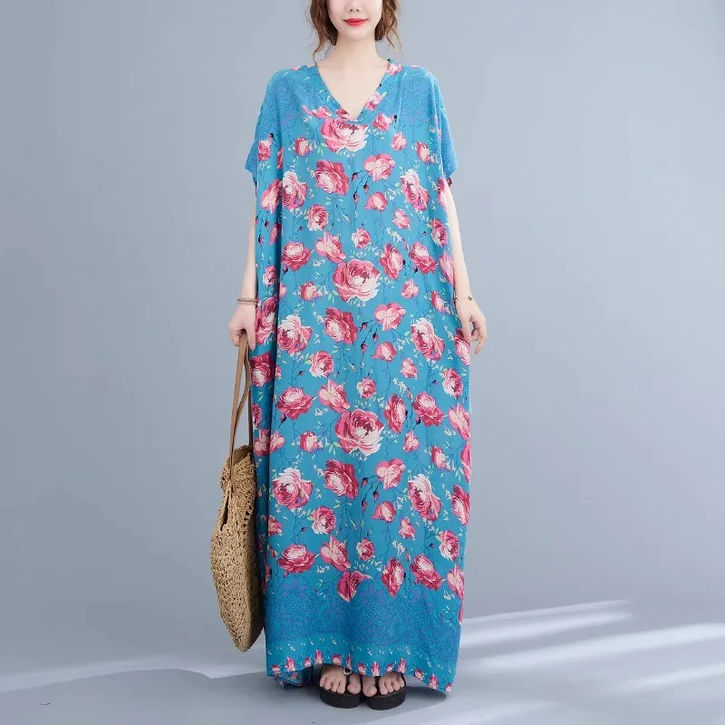 Nightdresses Women Sleepwear Dress Short Sleeve V-Neck Nightgown Plus Size Cotton Silk Nightwear loose Outside Wear