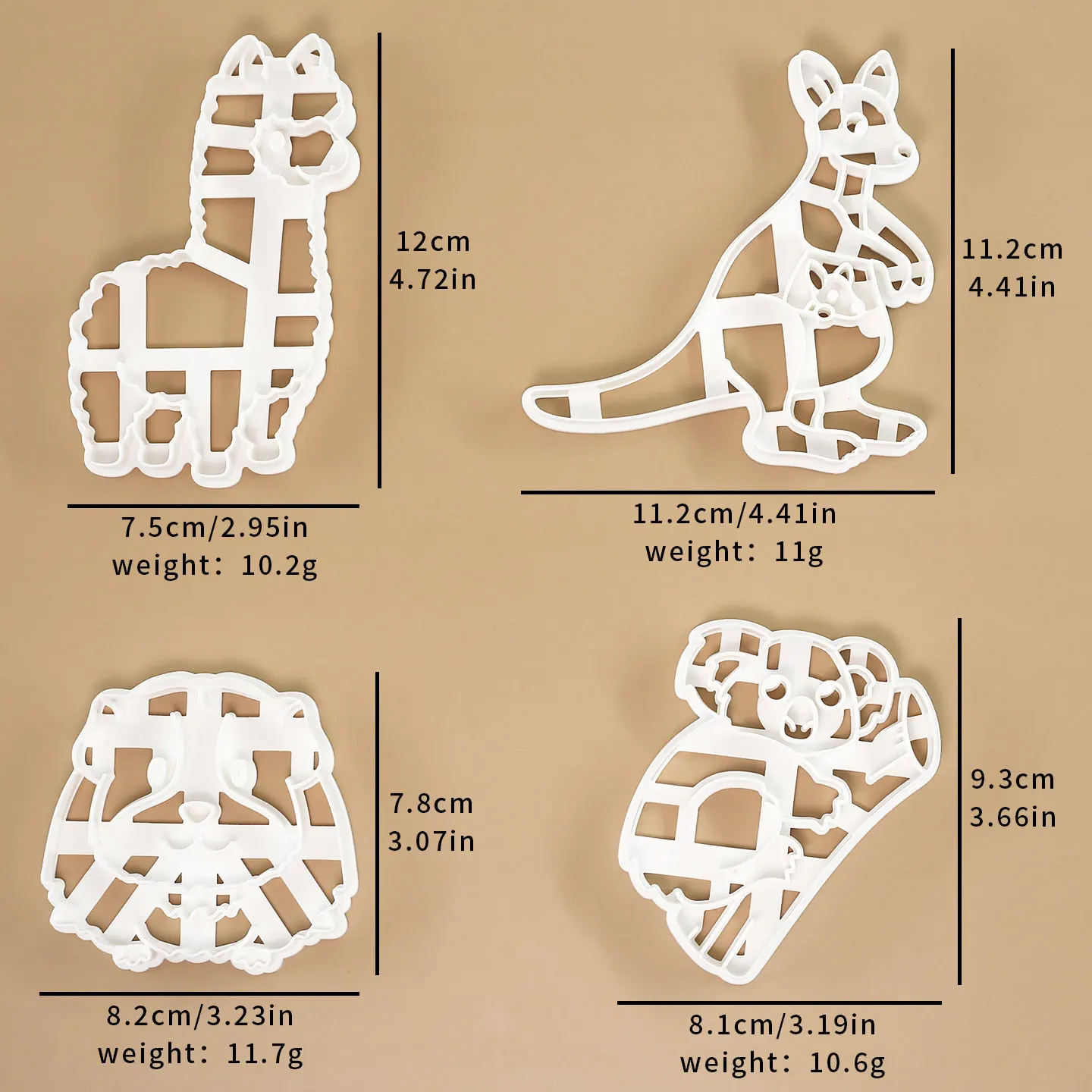 4 Pcs Forest Animals Alpaca Kangaroo Koala Capybara Shape Cookie Molds for Cupcake Toppers, Kids Birthday Party, Back to School