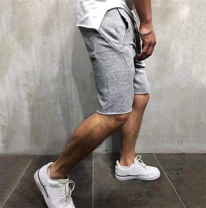 Men\'s Solid Color Frayed Hem Drawstring Shorts Hip Hop Streetwear Male Gyms Fitness Short Sweatpants Joggers Sportswear Shorts