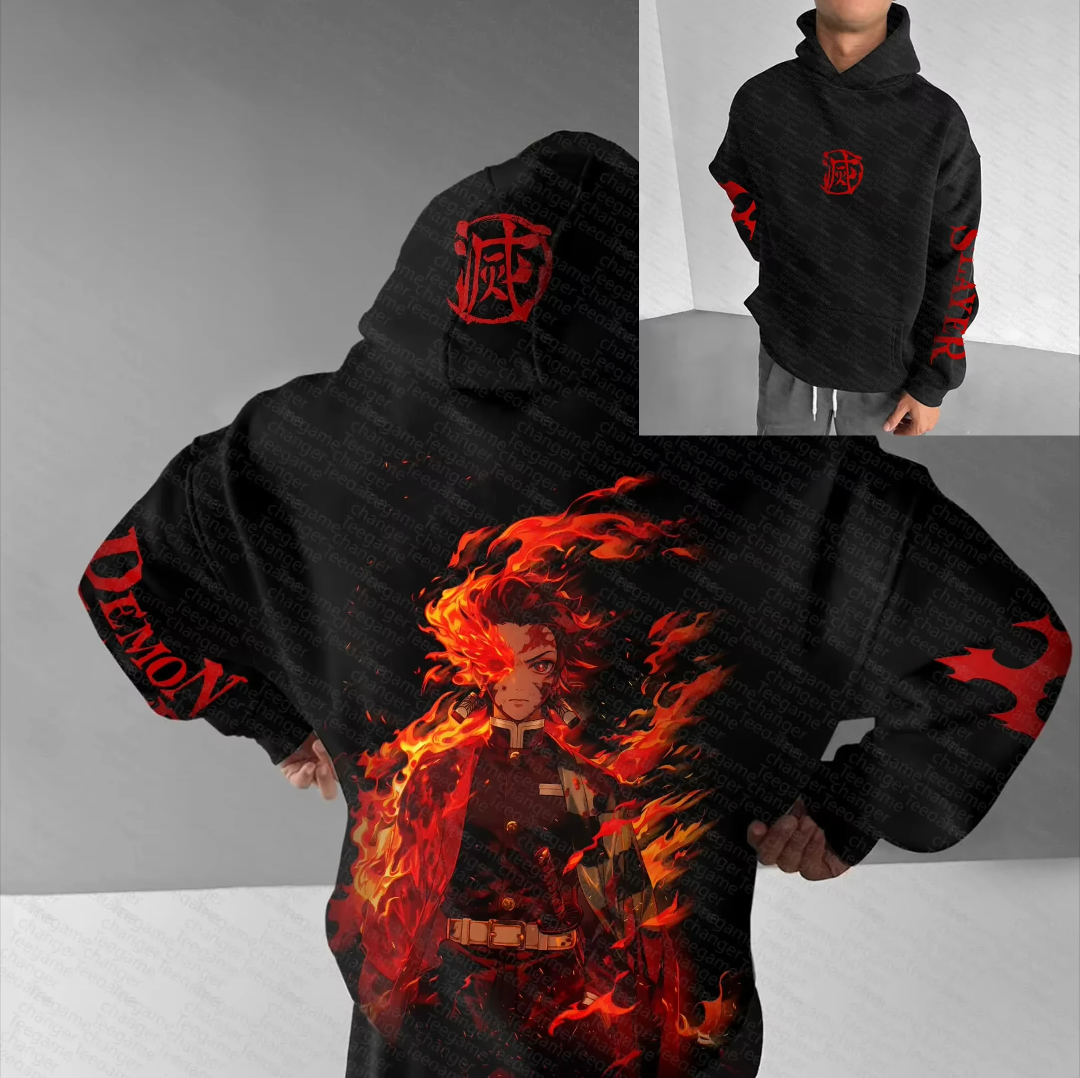 شيطان القاتل أنيمي مزدوجة الوجهين مطبوعة هوديي 2025 الرجال الخريف/الشتاء جديد اليابانية Harajuku نمط تنوعا بلوزة فضفاضة غير رسمية