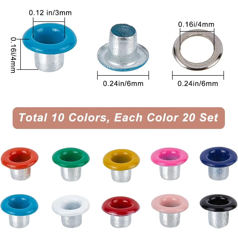 200 Sets 10 Colors Eyelets and Grommets 3MM Hole Self Backing Eyelet Mini Crop A Dile Eyelets with Washers for Paper Crafting