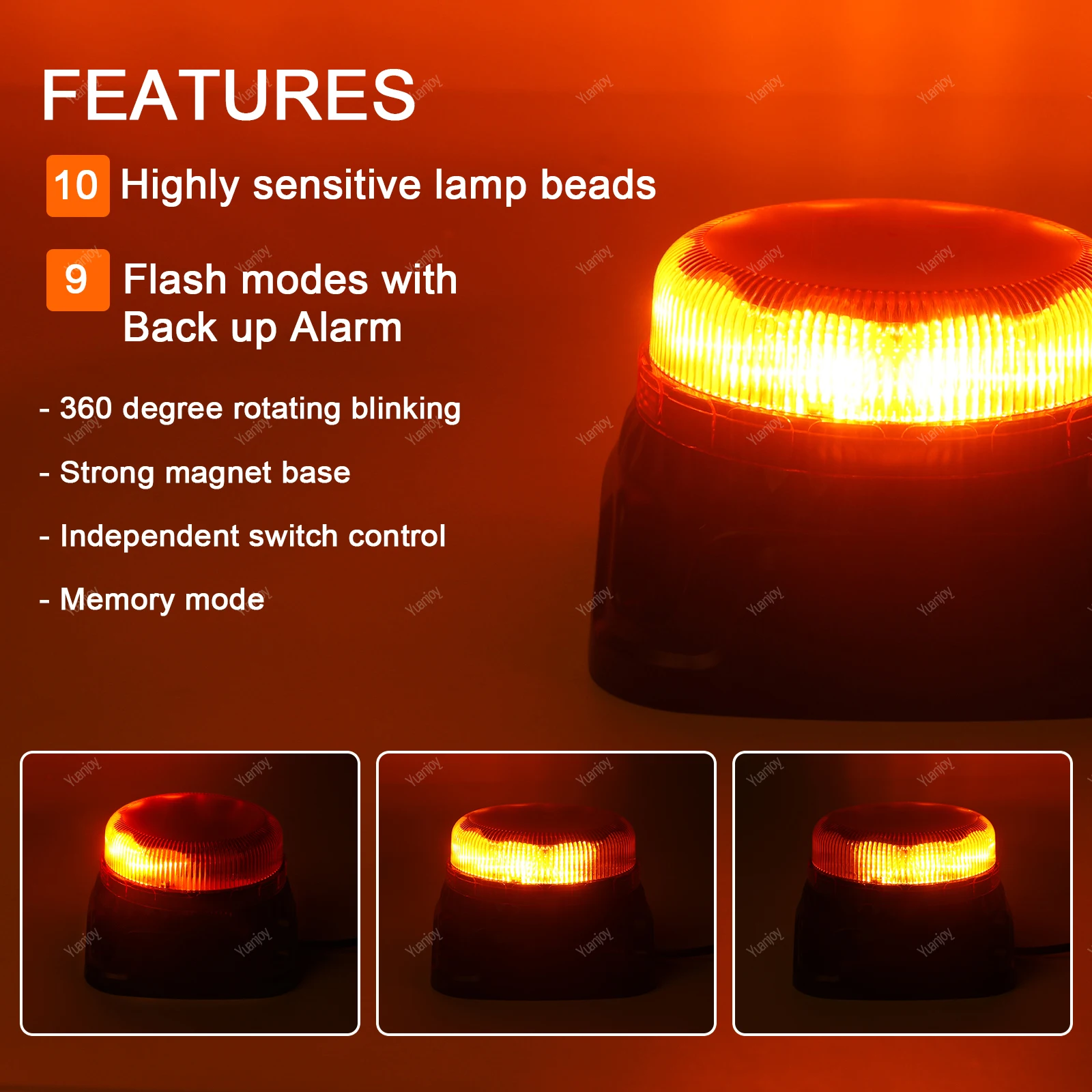 

Yuanjoy 10 LED Amber Strobe Warning Light with 9 Flashing Modes 12/24V Alarm for Agricultural Machines And Commercial Vehicles