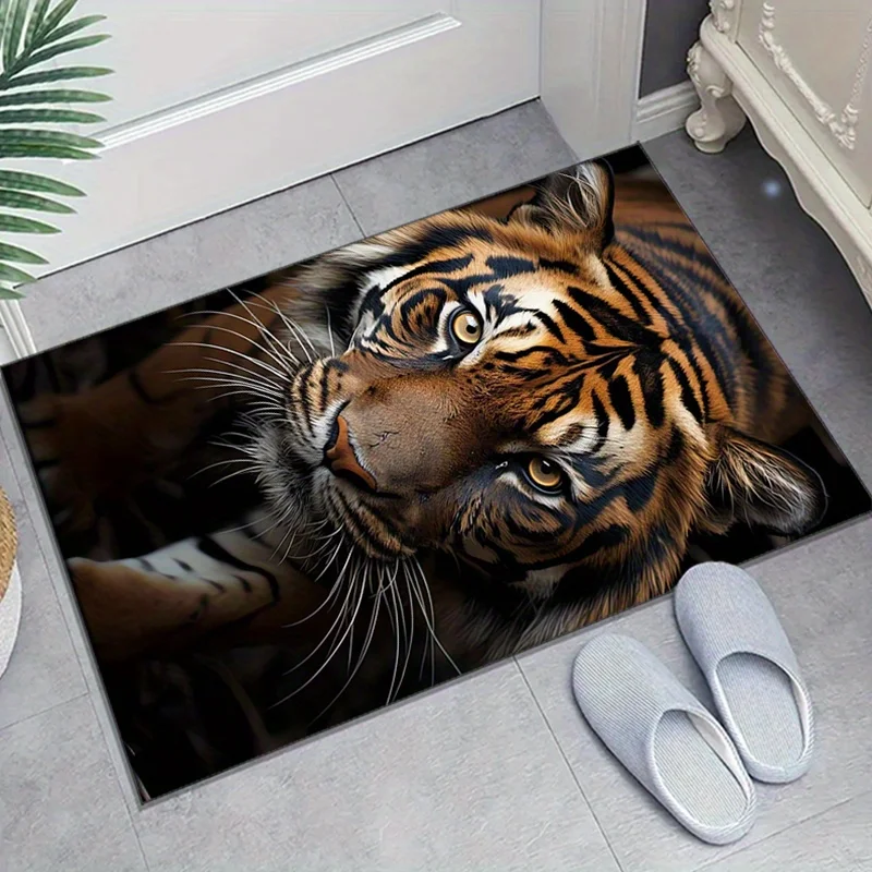 Vibrant Tiger Print Non-Slip Area Mat - Polyester, Machine Washable, Rectangular Home Decor Mat for Bedroom & Living Room, Featu