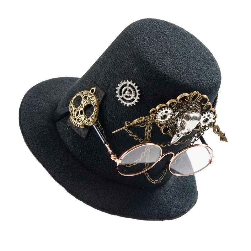 Lolita Punk Vintage Mini sombrero de copa gótico Retro gafas engranajes cadena sombreros para mascotas decoraciones sombreros