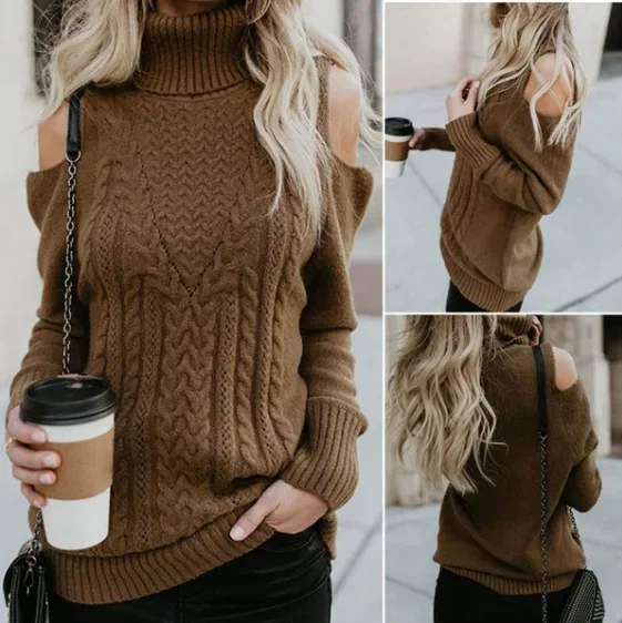 Winter Women New Fashion Turtleneck Collar Long Sleeve Sweater Sexy Off Shoulder Design Knitwear Female Fashion Solid Pullovers