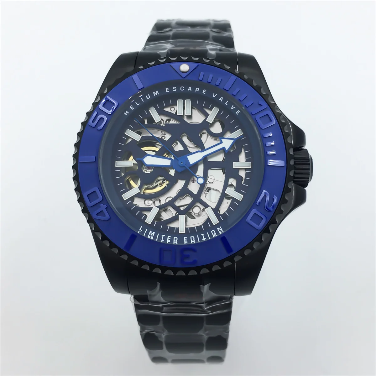 43mm men's black watch sapphire glass NH70 movement Hollow skeleton Blue green white luminous dial one way rotating ceramicbezel